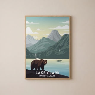 Lake Clark National Park Poster — Vintage Alaska Brown Bear Floatplane Print
