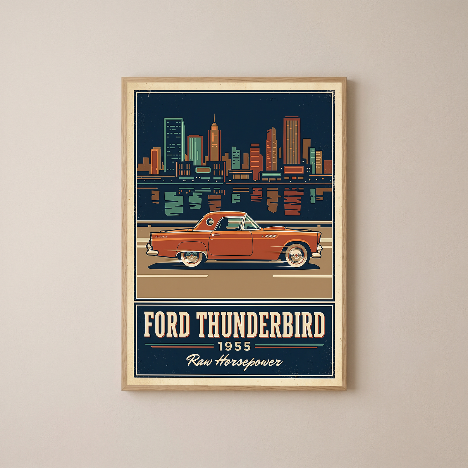 Ford Thunderbird 1955 Poster — Vintage Two-Seater Convertible City Skyline Print