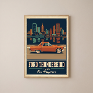 Ford Thunderbird 1955 Poster — Vintage Two-Seater Convertible City Skyline Print