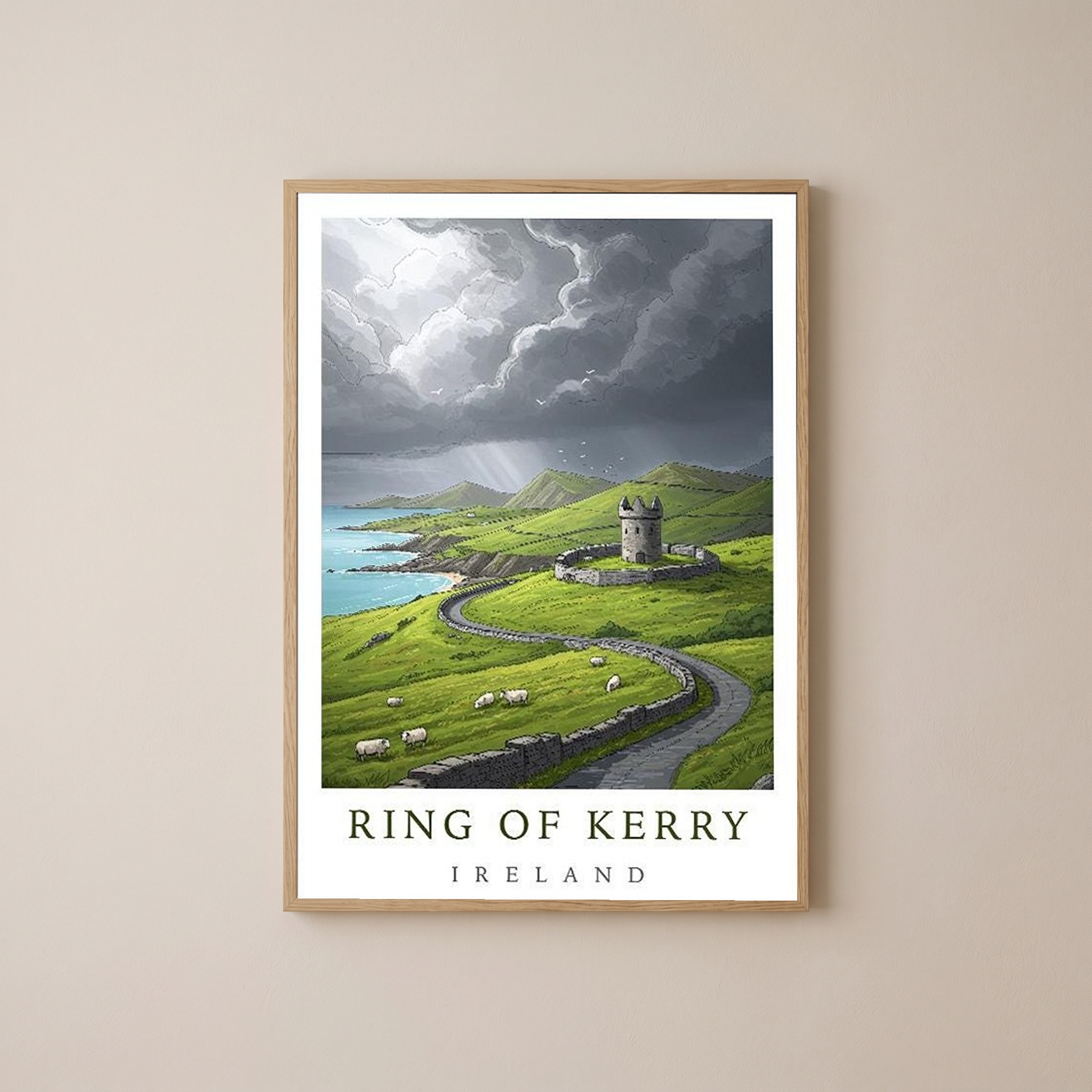 Ring of Kerry Ireland Travel Poster — Coastal Castle Sheep Stone Wall Print