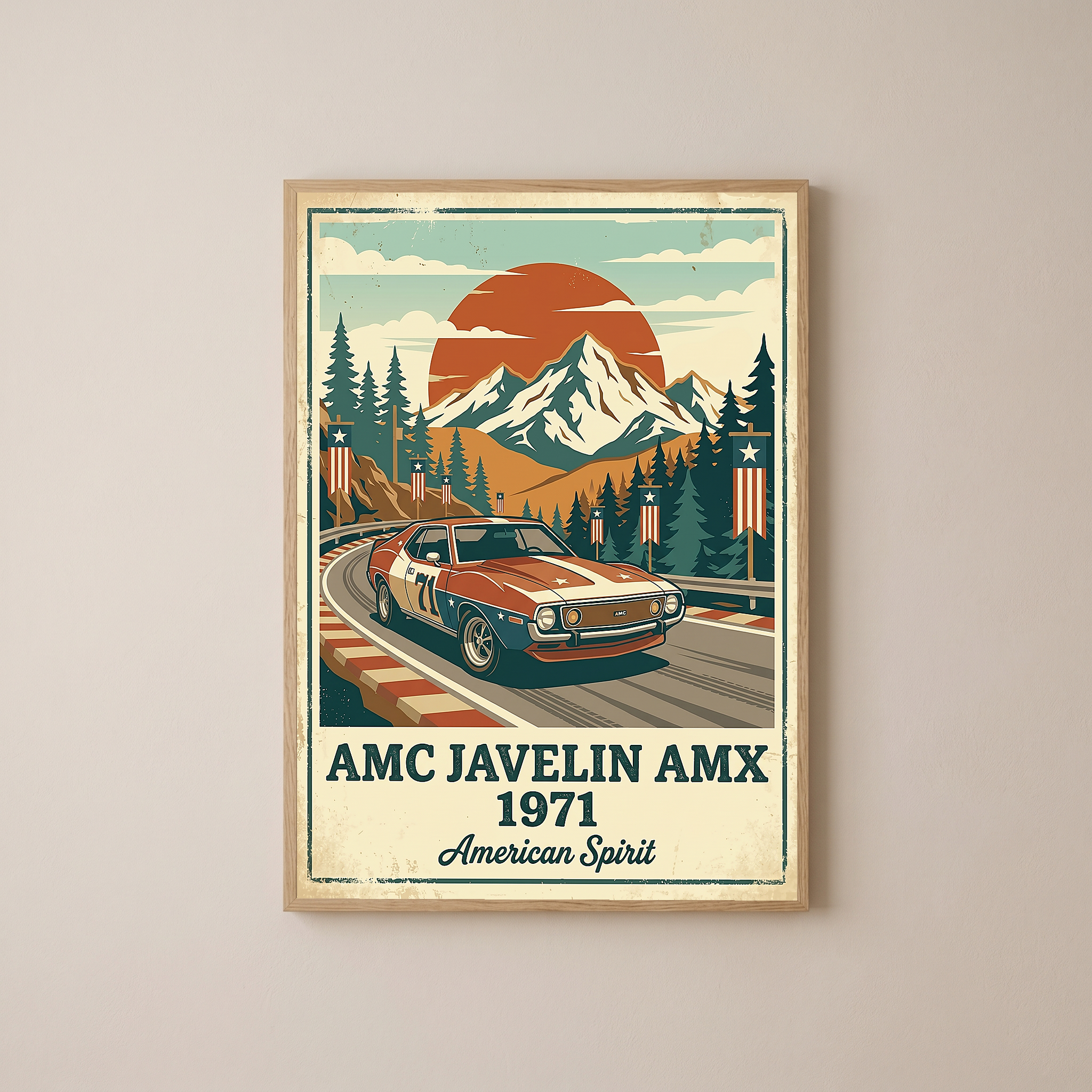 AMC Javelin AMX 1971 Poster — Vintage Muscle Car Race Track Mountain Print
