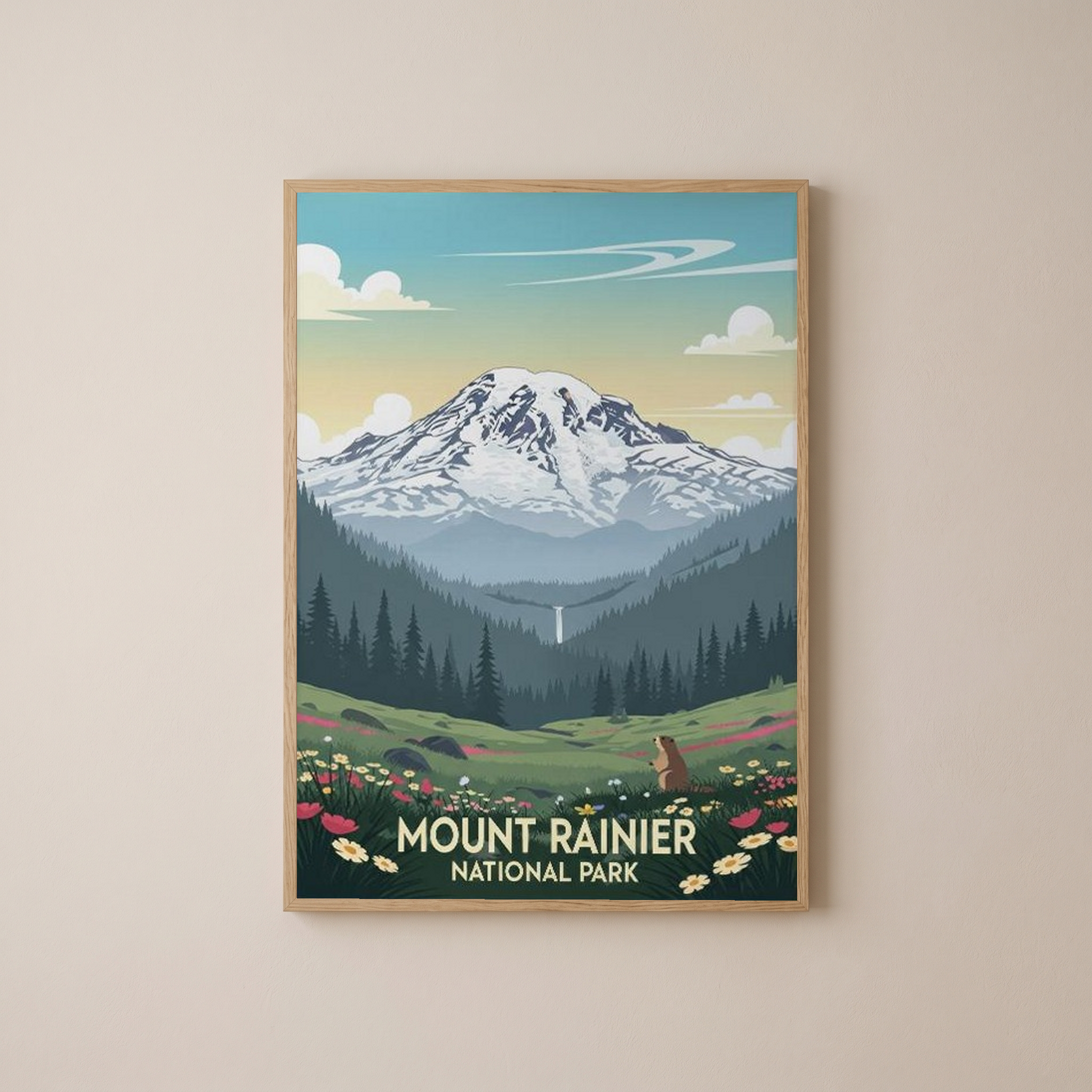 Mount Rainier National Park Poster — Vintage Washington Wildflower Marmot Print