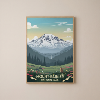 Mount Rainier National Park Poster — Vintage Washington Wildflower Marmot Print