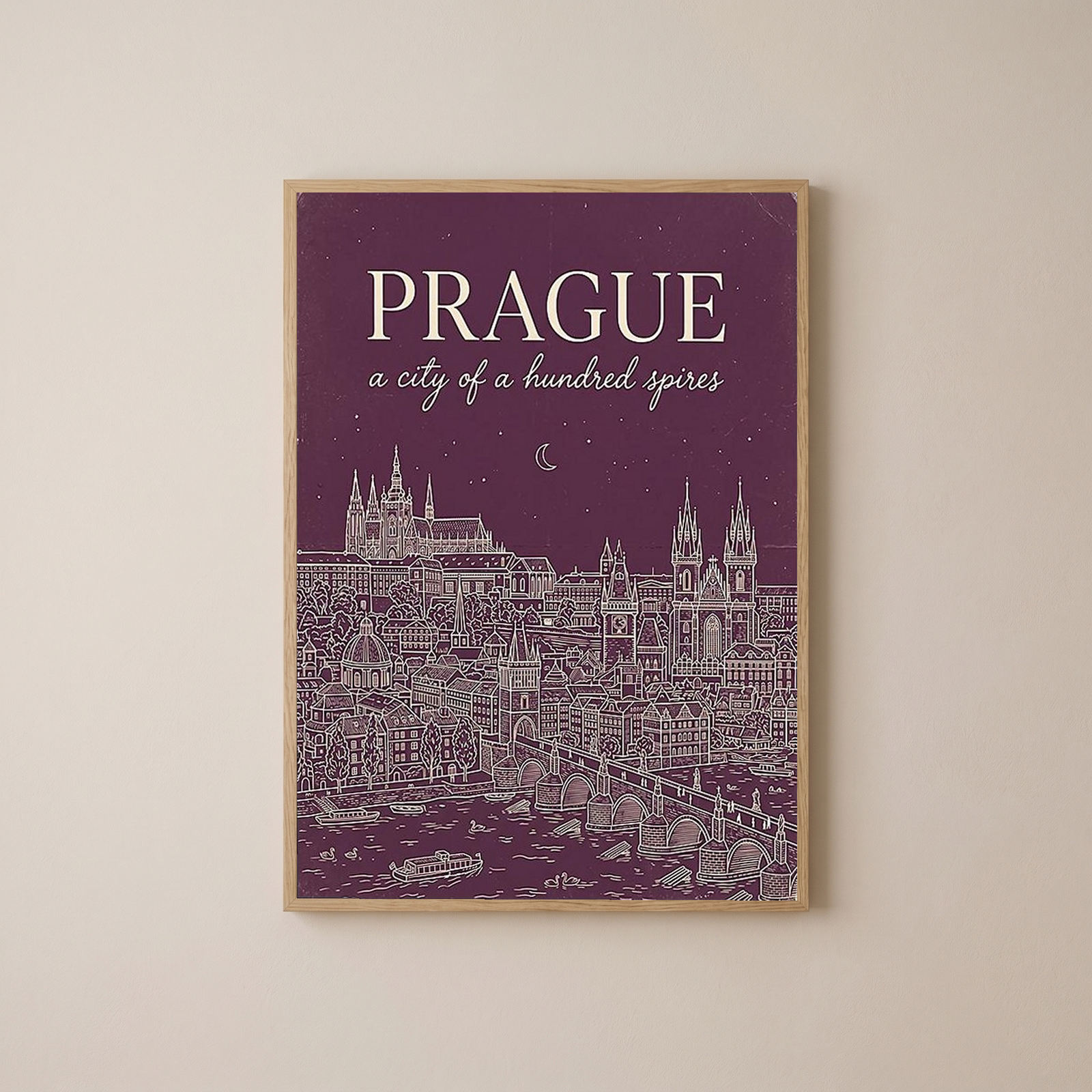 Prague Line Art Print — Plum Castle Charles Bridge Skyline Wall Art