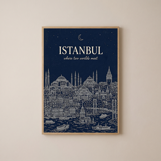 Istanbul Line Art Print — Navy Bosphorus Skyline Hagia Sophia Wall Art