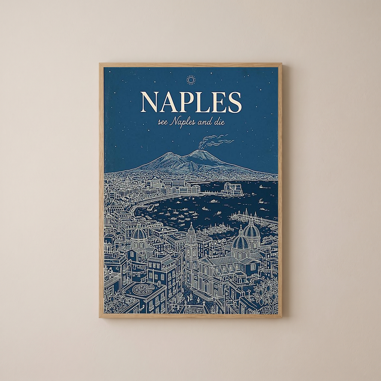 Naples Line Art Print — Navy Mount Vesuvius Bay Skyline Wall Art