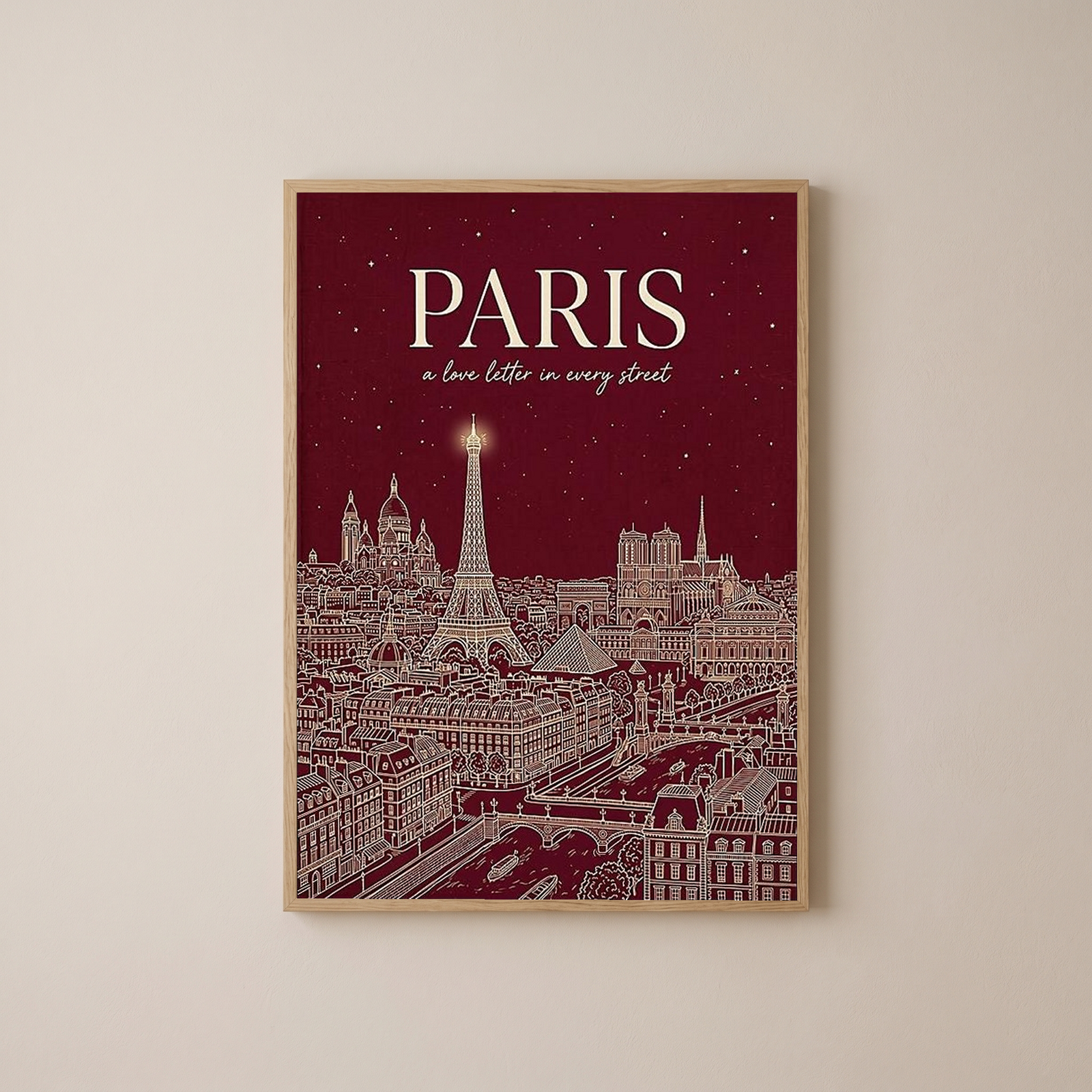 Paris Line Art Print — Burgundy Eiffel Tower Skyline Wall Art