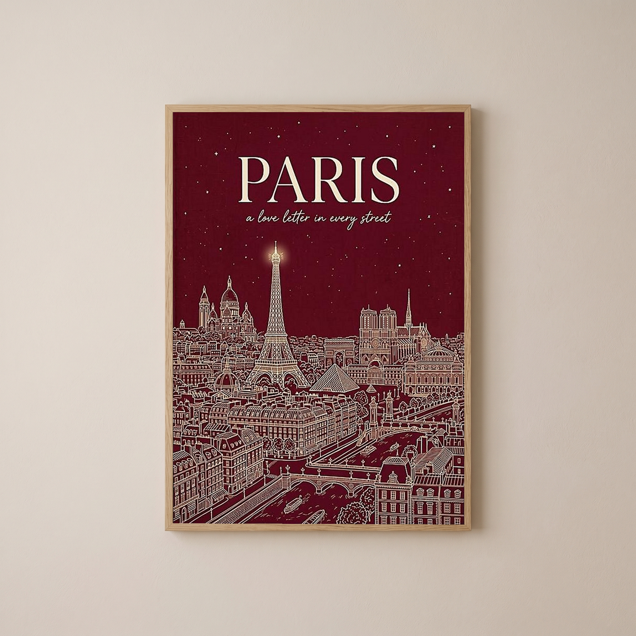 Paris Line Art Print — Burgundy Eiffel Tower Skyline Wall Art