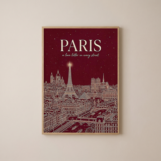 Paris Line Art Print — Burgundy Eiffel Tower Skyline Wall Art