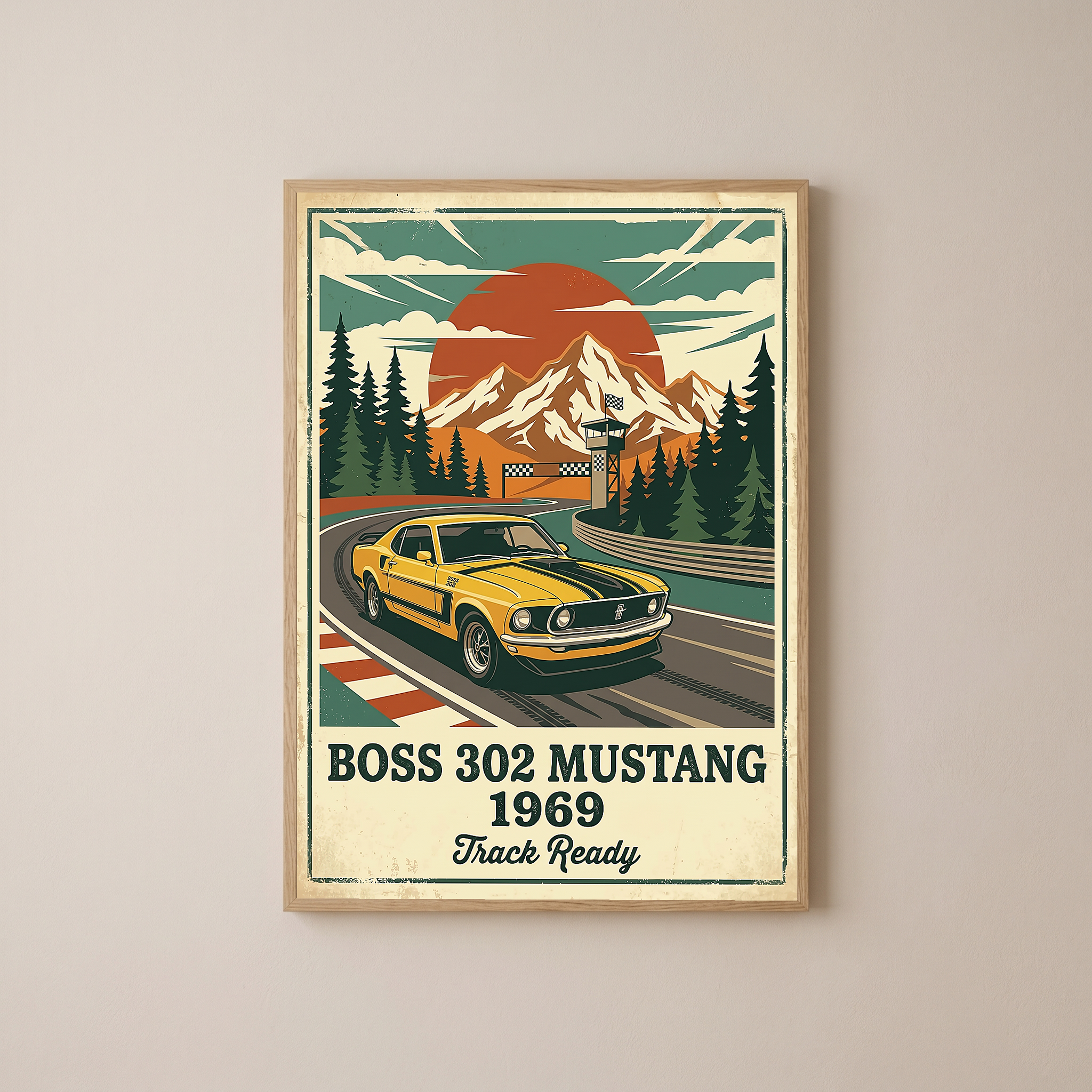 Boss 302 Mustang 1969 Poster — Vintage Muscle Car Race Track Print