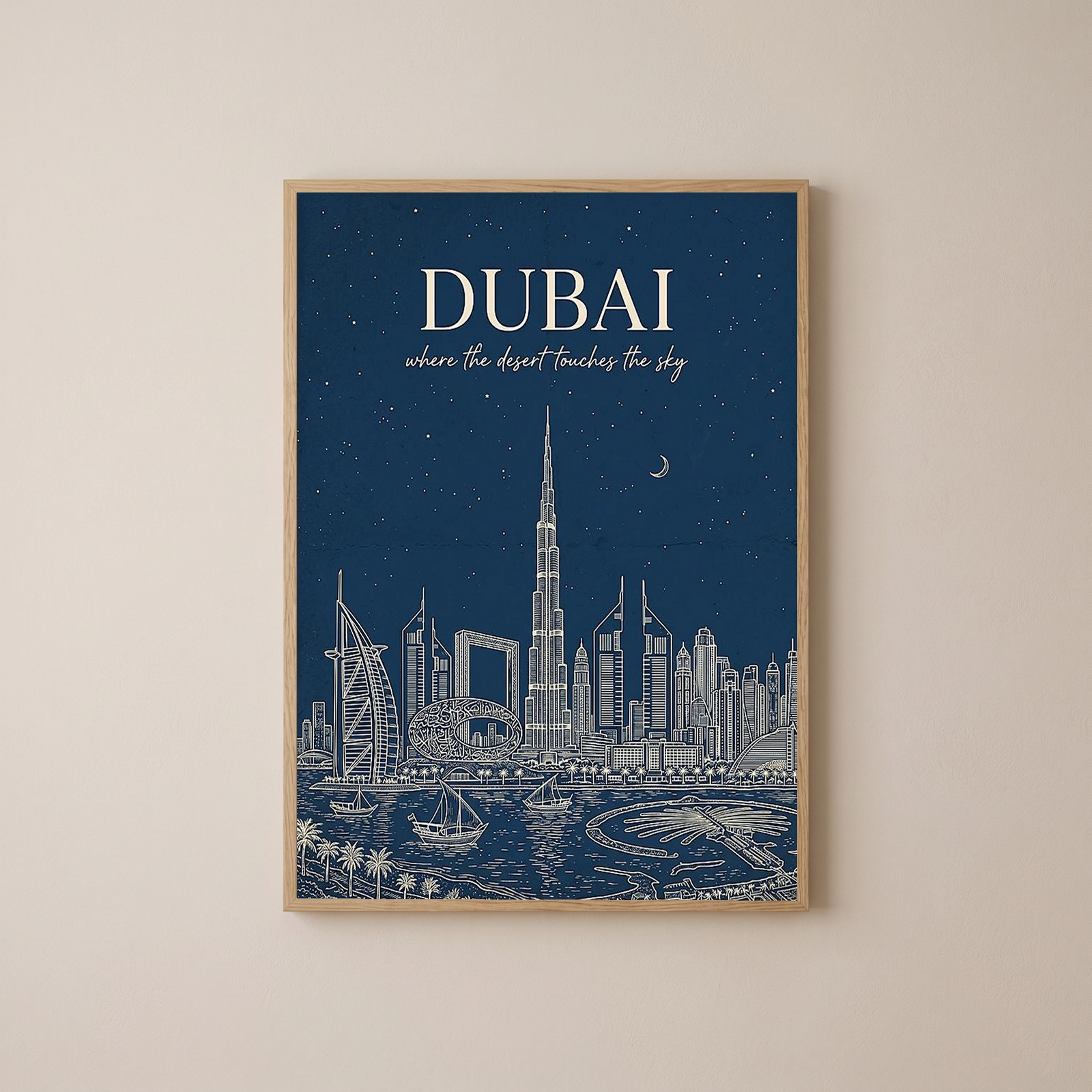 Dubai Line Art Print — Navy Burj Khalifa Skyline Wall Art