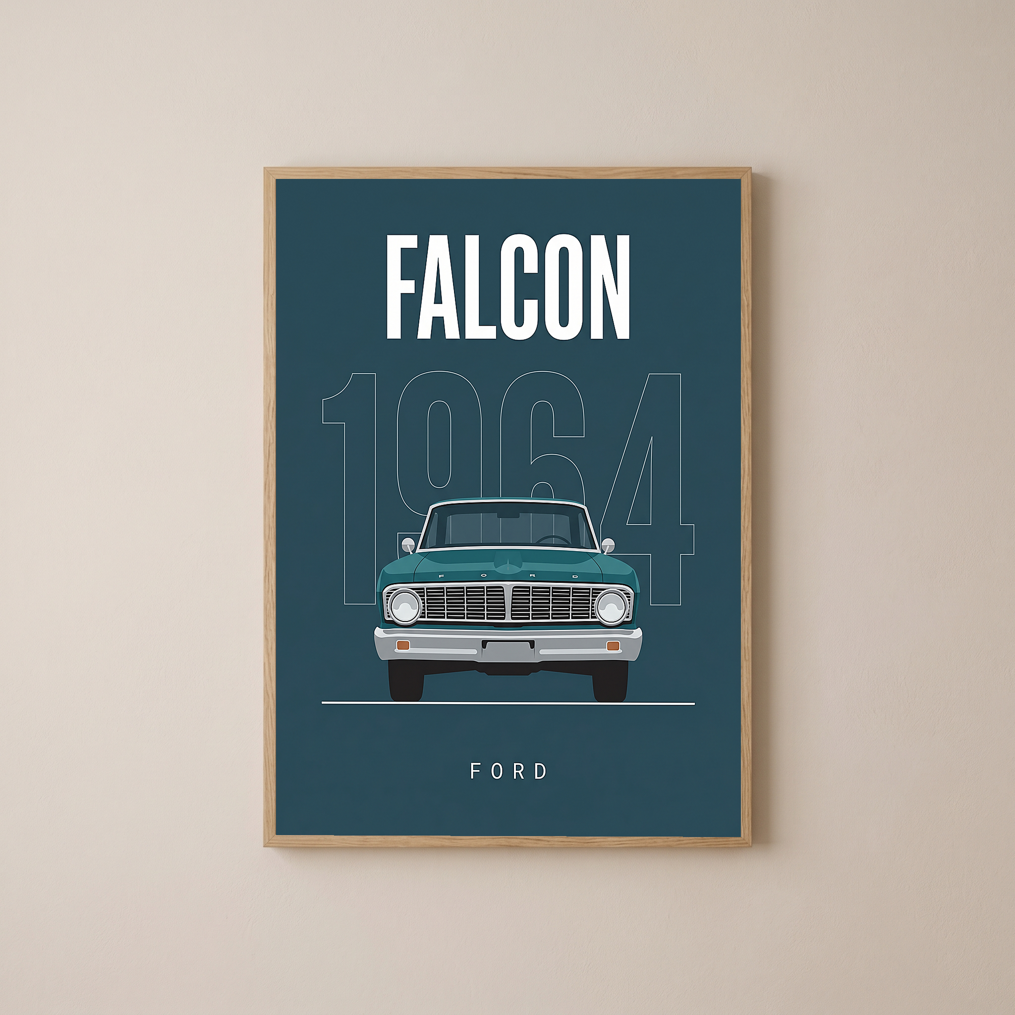 Ford Falcon 1964 Minimalist Poster — Teal Compact Muscle Line Art