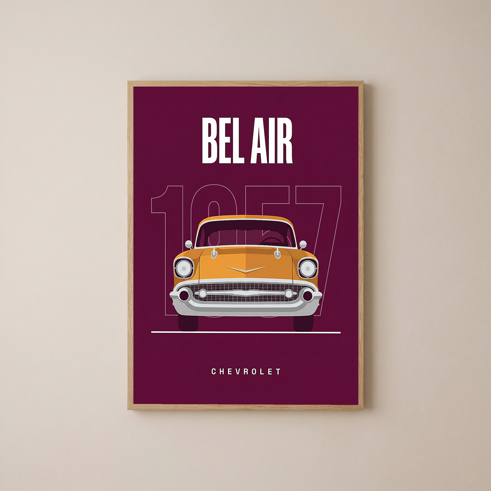 Chevrolet Bel Air 1957 Minimalist Poster — Burgundy Classic Car Line Art