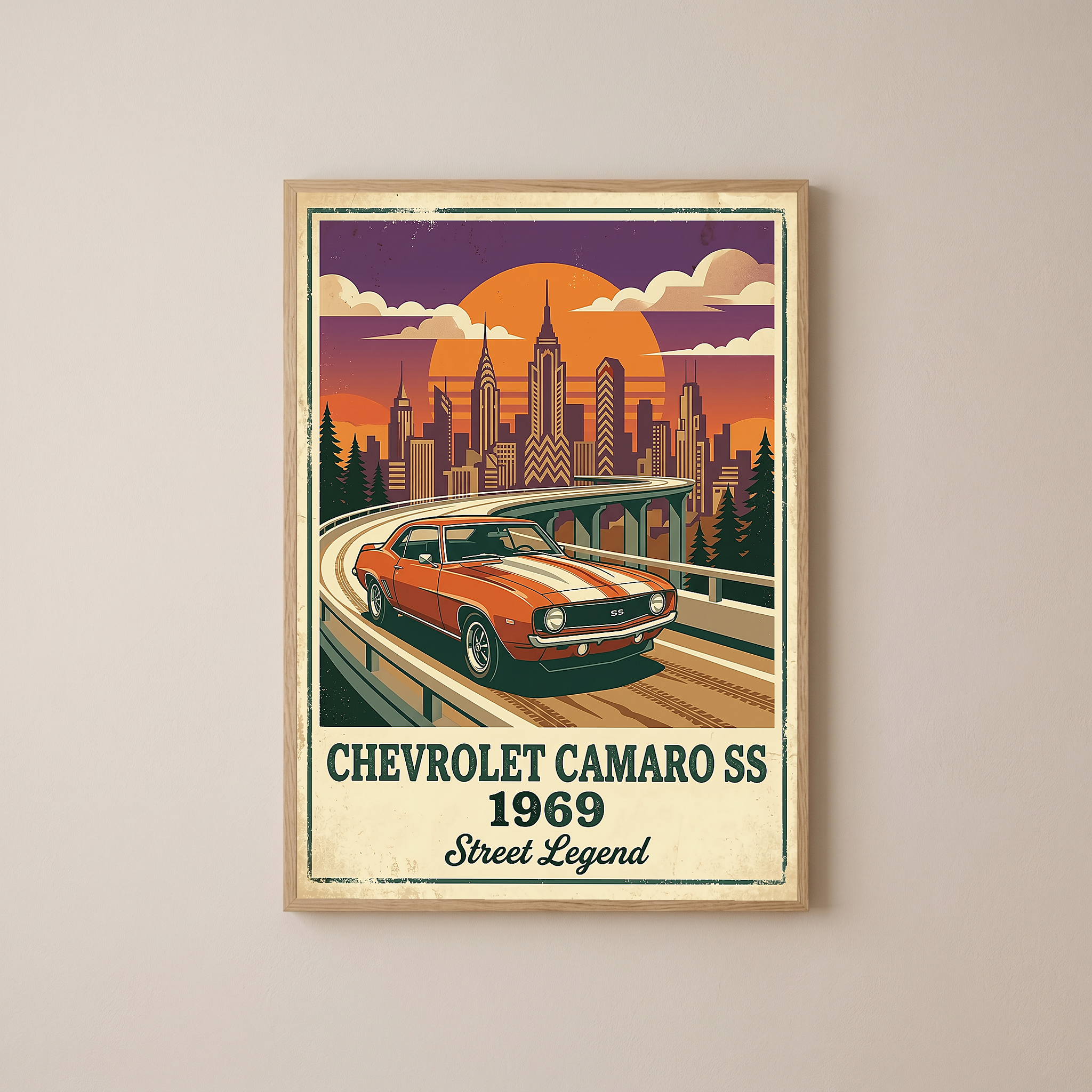 Chevrolet Camaro SS 1969 Poster — Vintage Muscle Car City Skyline Print