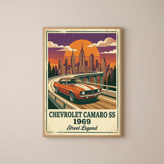Chevrolet Camaro SS 1969 Poster — Vintage Muscle Car City Skyline Print