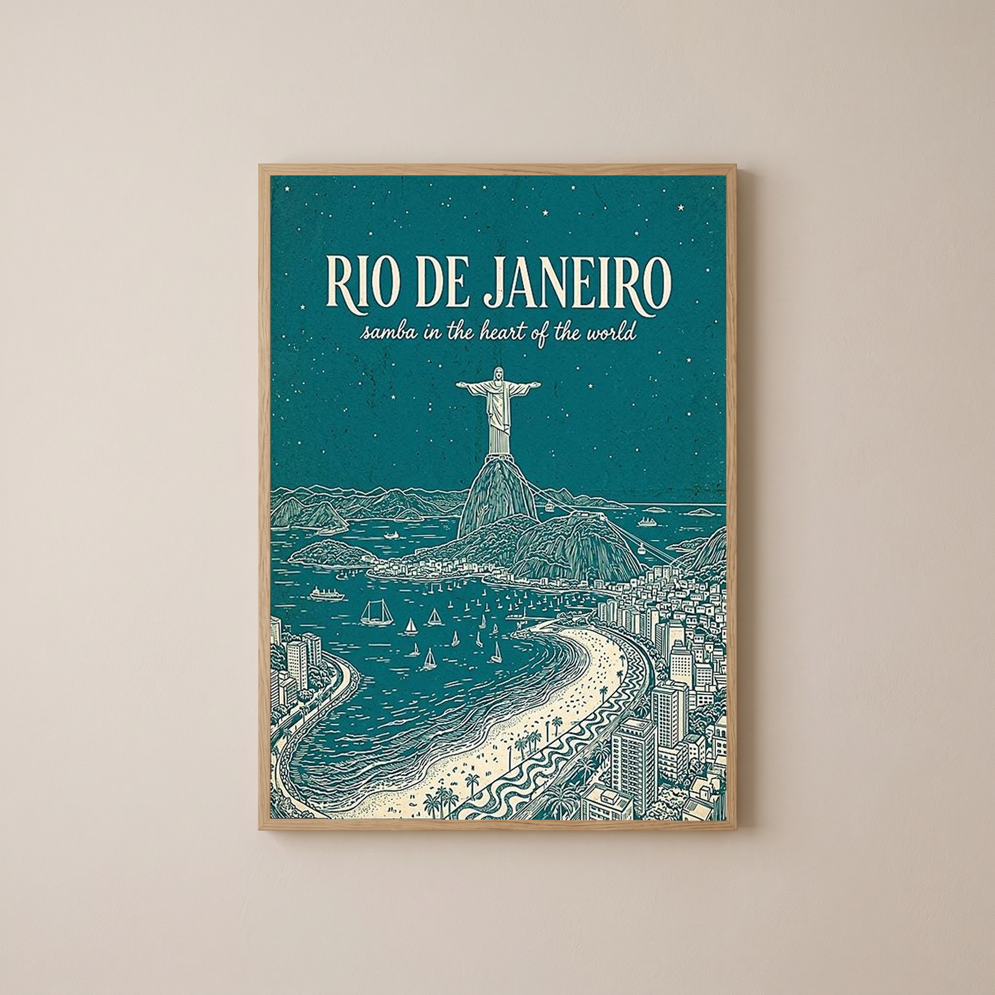 Rio de Janeiro Line Art Print — Teal Christ the Redeemer Copacabana Wall Art