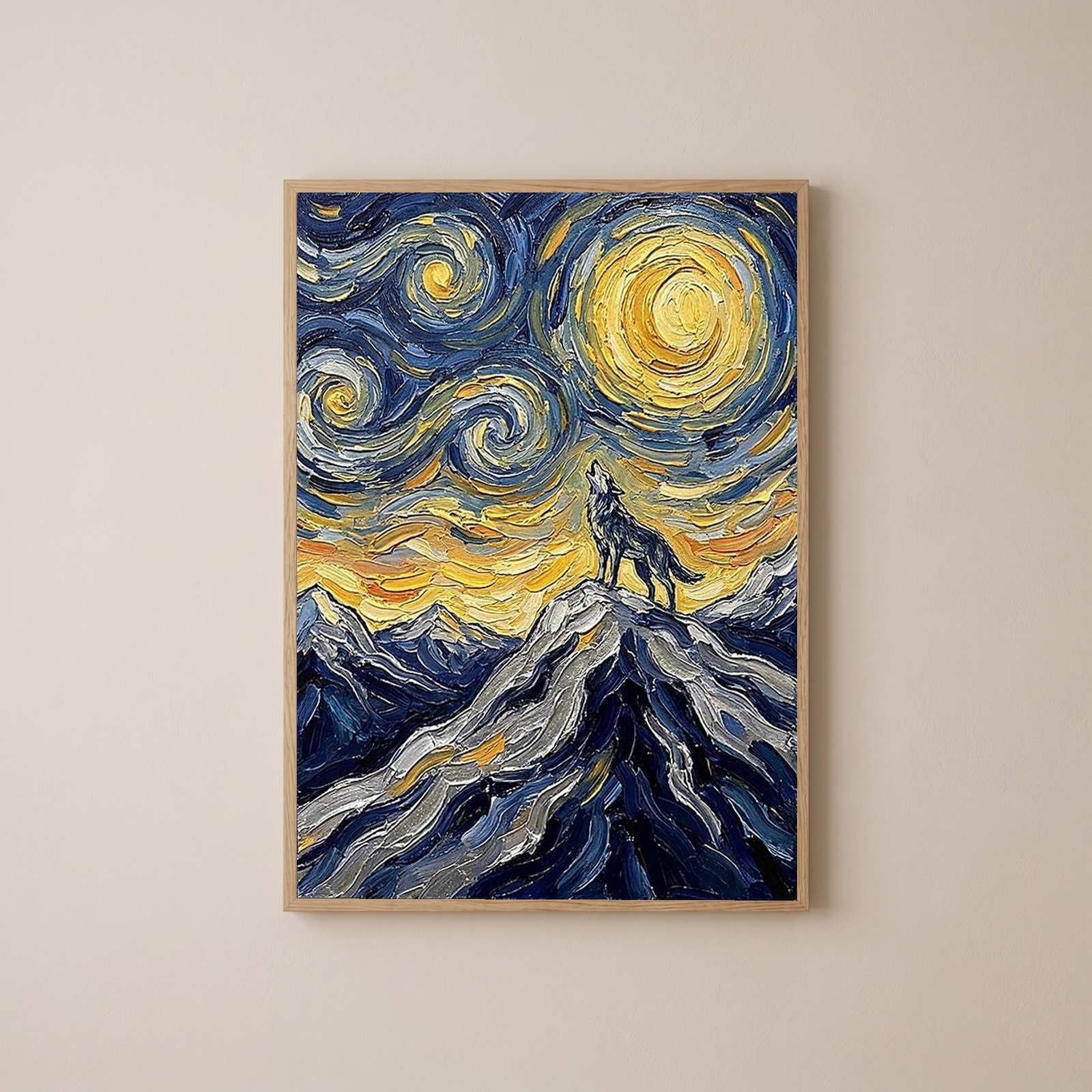 Lone Wolf Howling Mountain Peak Print — Van Gogh Starry Night Wall Art