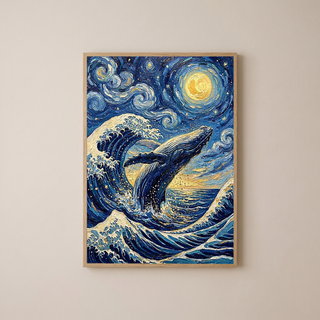 Breaching Whale Starry Night Print — Van Gogh-Style Ocean Humpback Wall Art