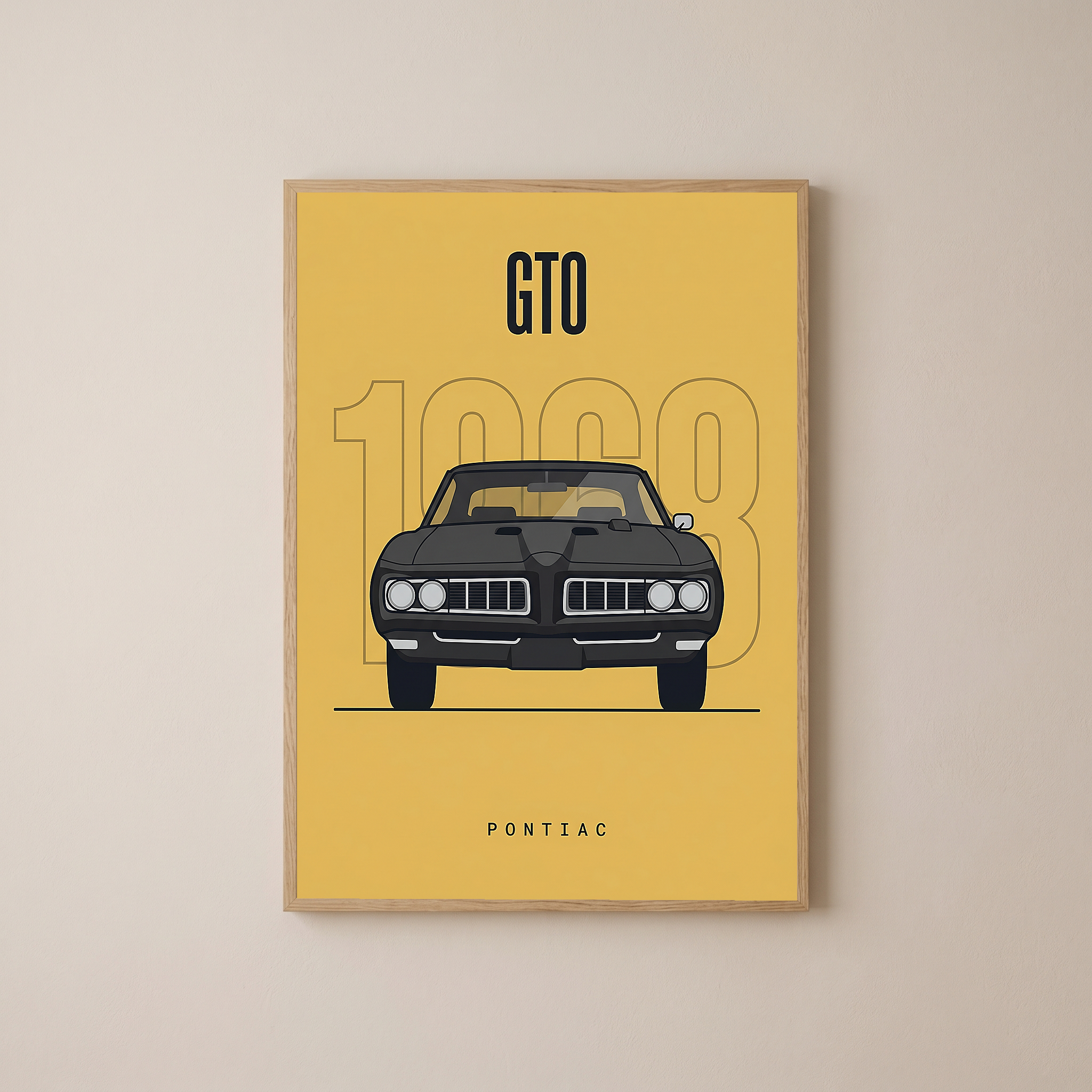 Pontiac GTO 1968 Minimalist Poster — Golden Yellow Muscle Car Line Art
