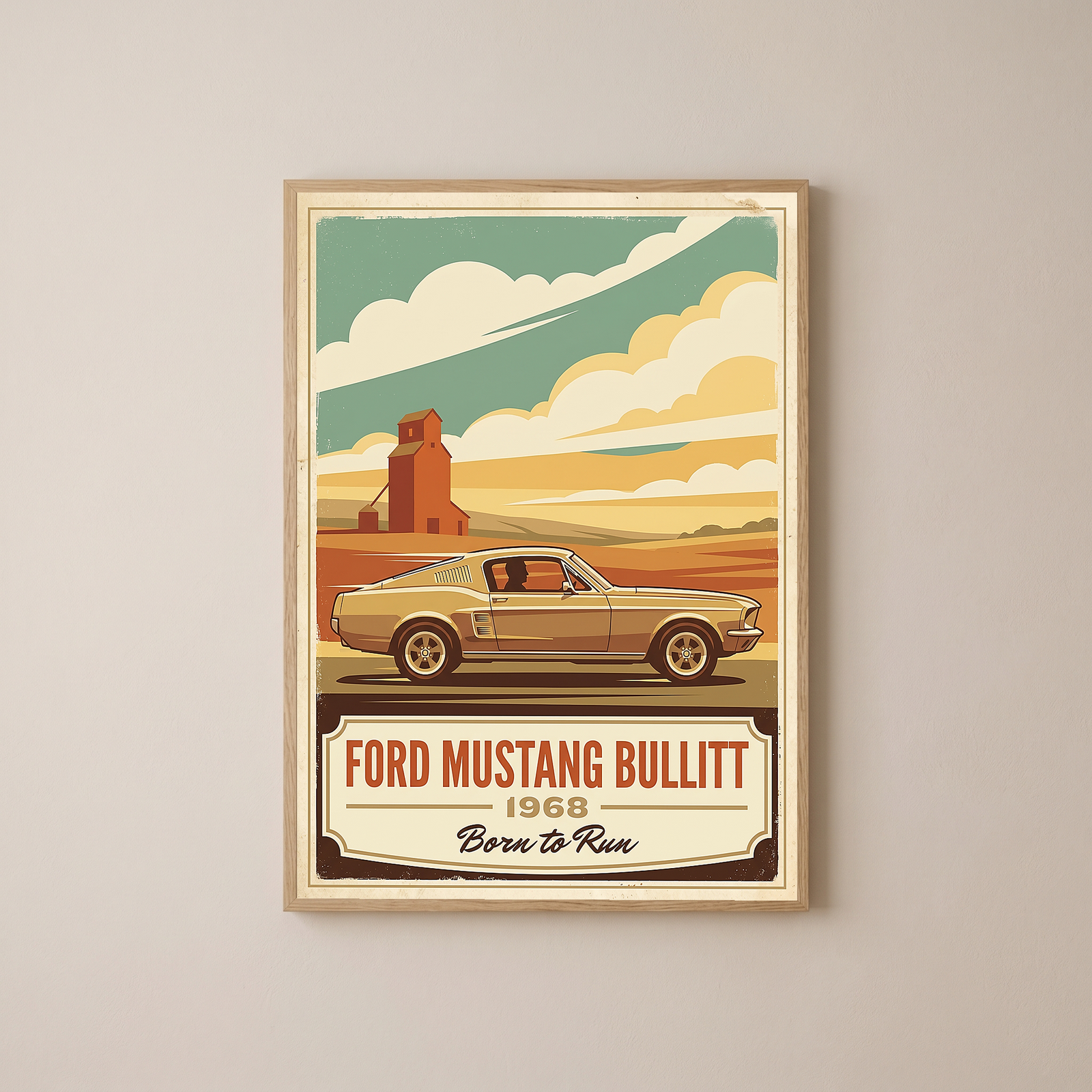 Ford Mustang Bullitt 1968 V2 Poster — Vintage Muscle Country Silo Print
