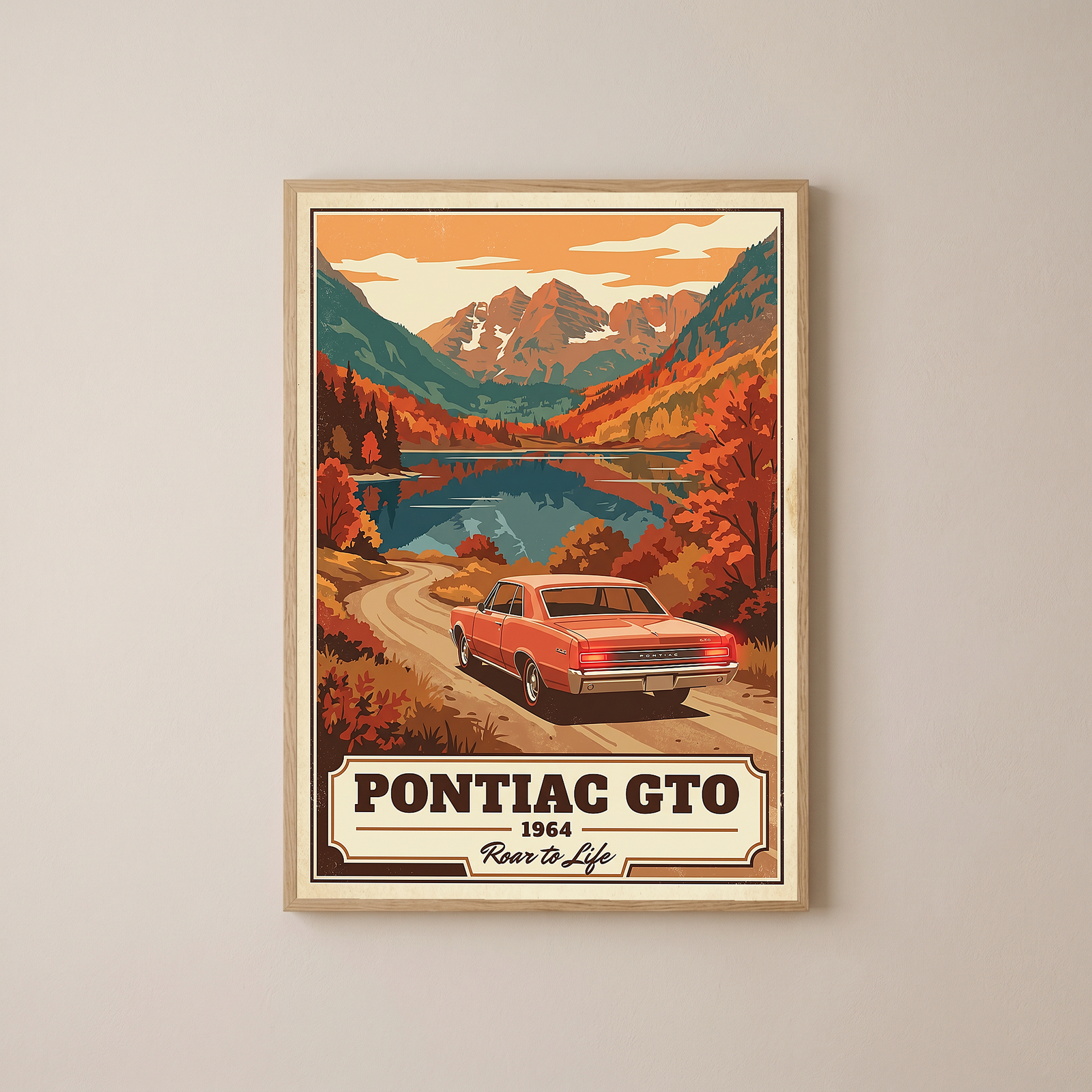 Pontiac GTO 1964 V4 Poster — Vintage Muscle Autumn Mountain Lake Print