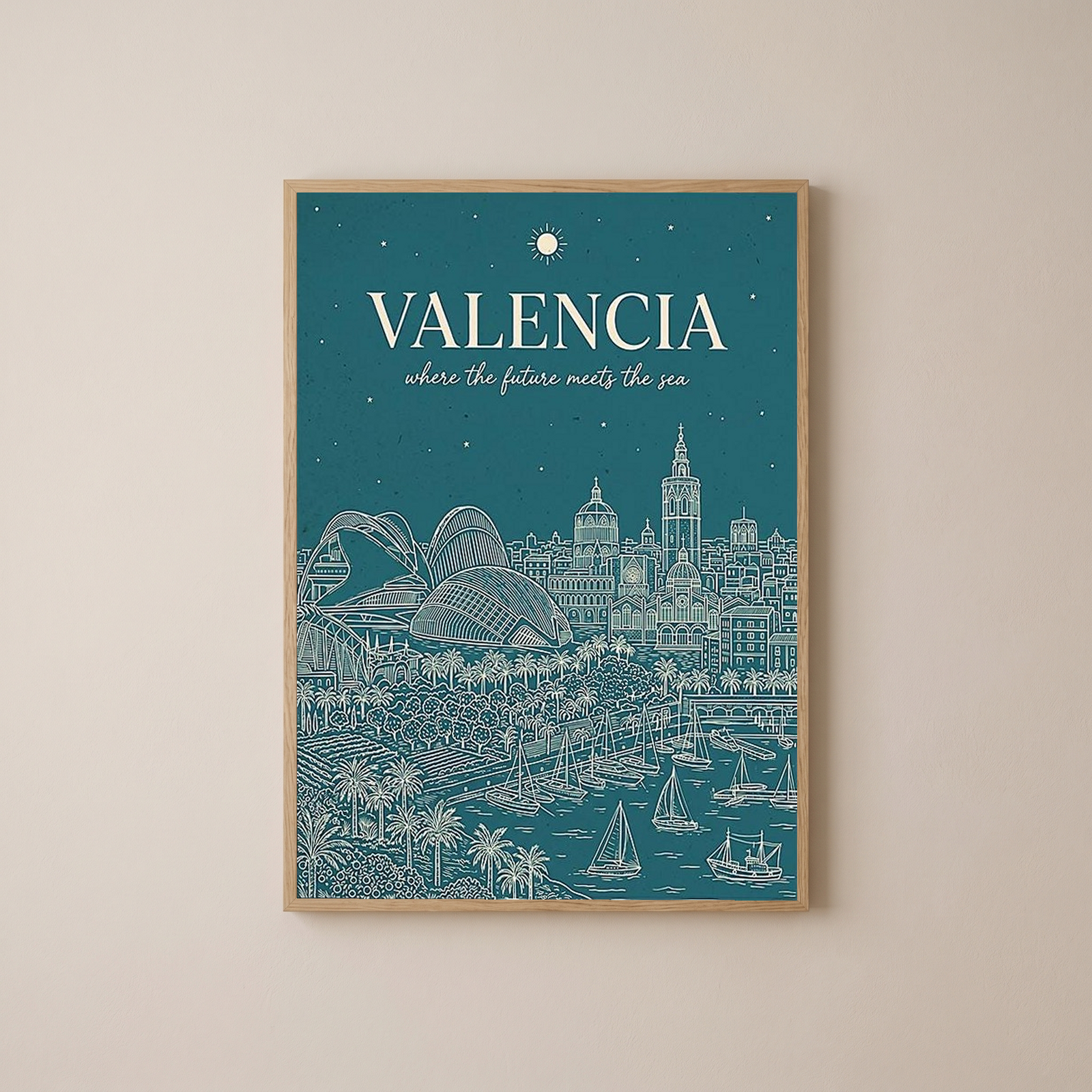 Valencia Line Art Print — Teal City of Arts Sciences Mediterranean Skyline Wall Art