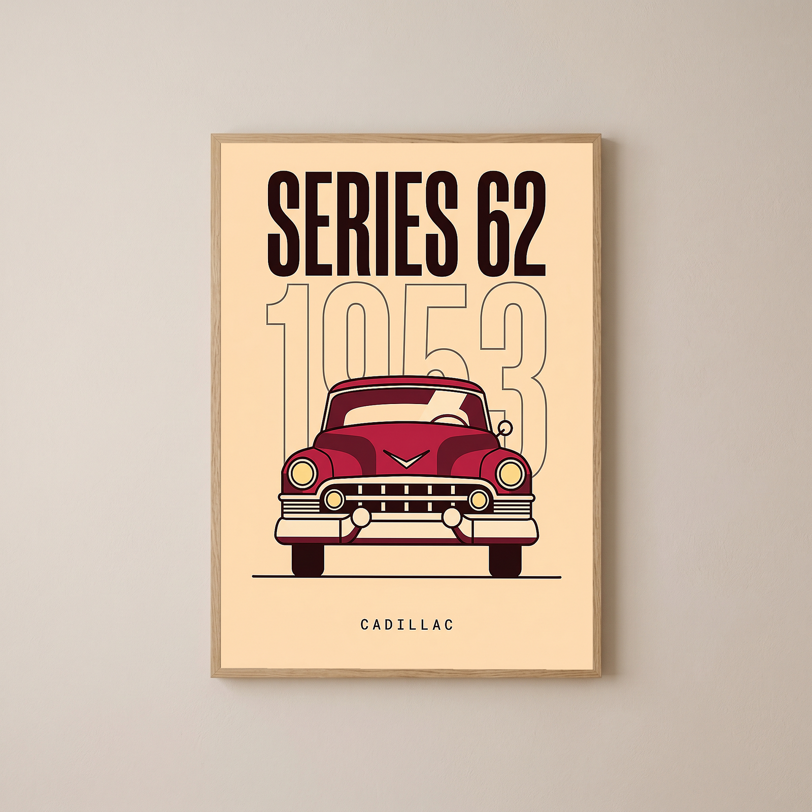 Cadillac Series 62 1953 Minimalist Poster — Cream Classic Car Line Art