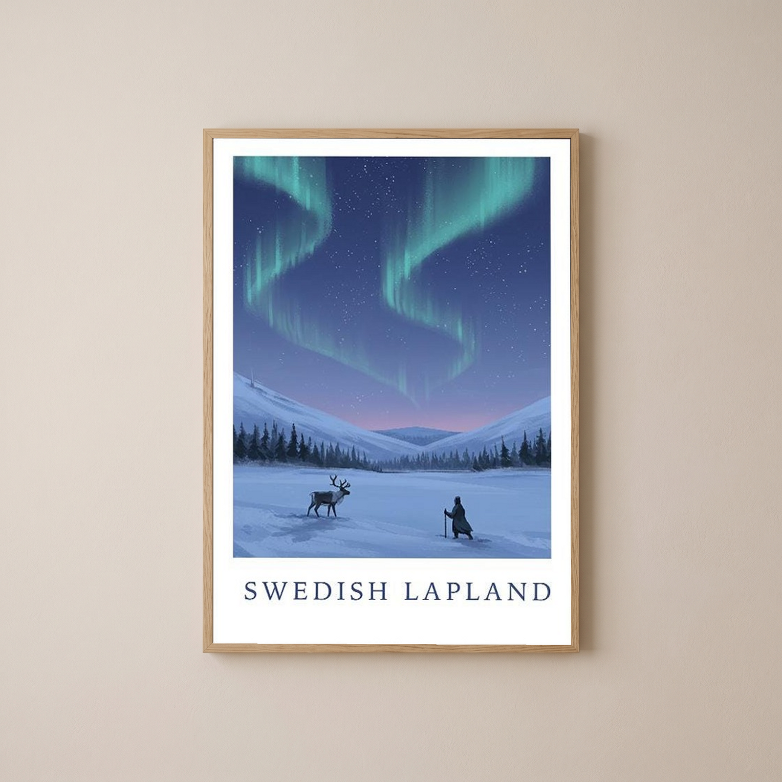 Swedish Lapland Travel Poster — Northern Lights Reindeer Sami Print