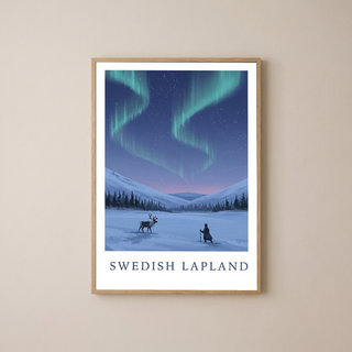 Swedish Lapland Travel Poster — Northern Lights Reindeer Sami Print