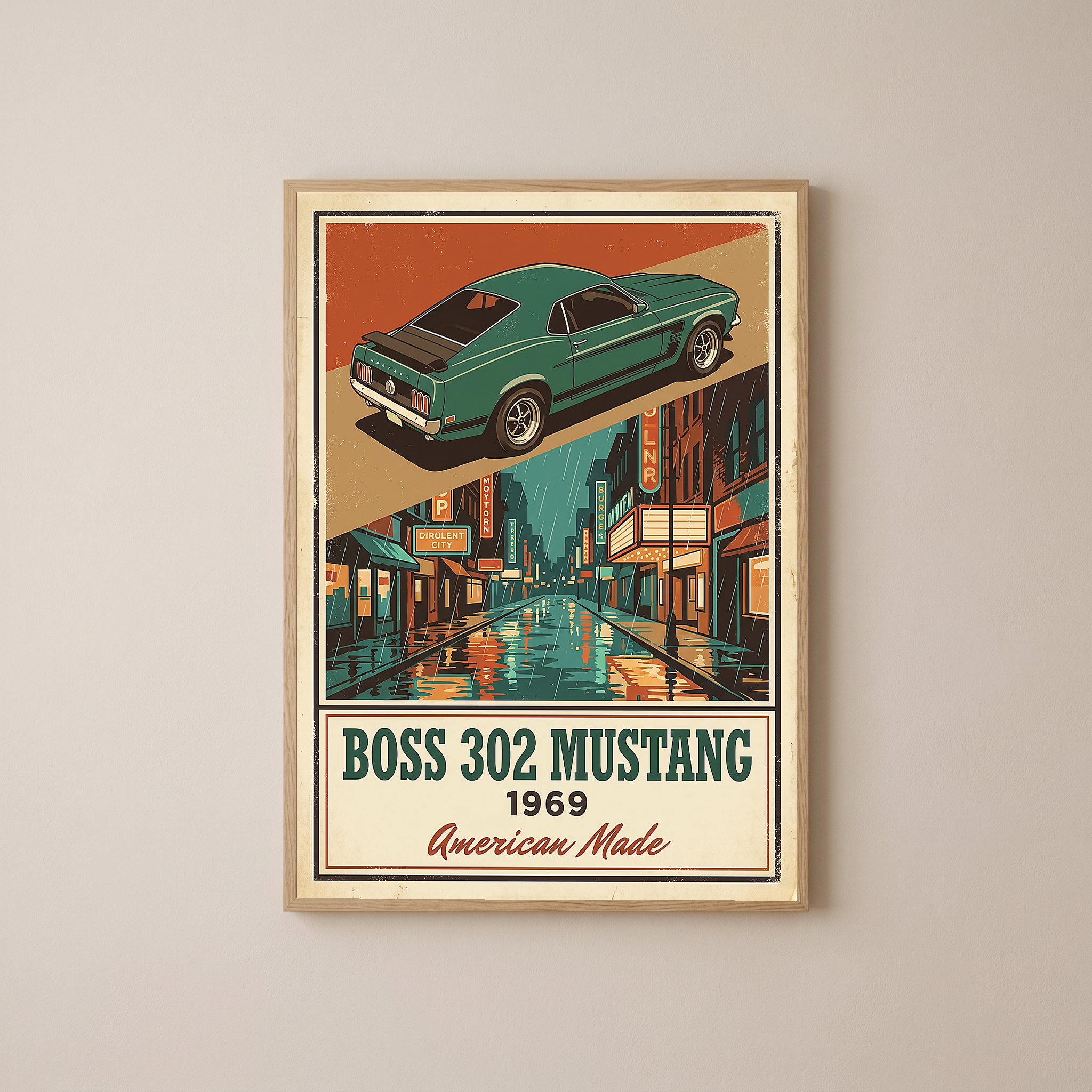 Boss 302 Mustang 1969 V2 Poster — Vintage Muscle Rainy Cinema Street Print