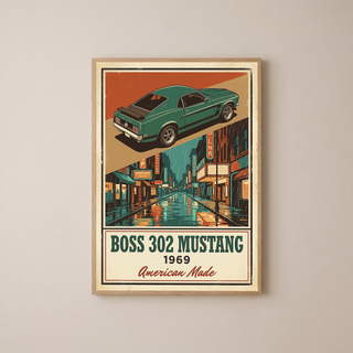 Boss 302 Mustang 1969 V2 Poster — Vintage Muscle Rainy Cinema Street Print