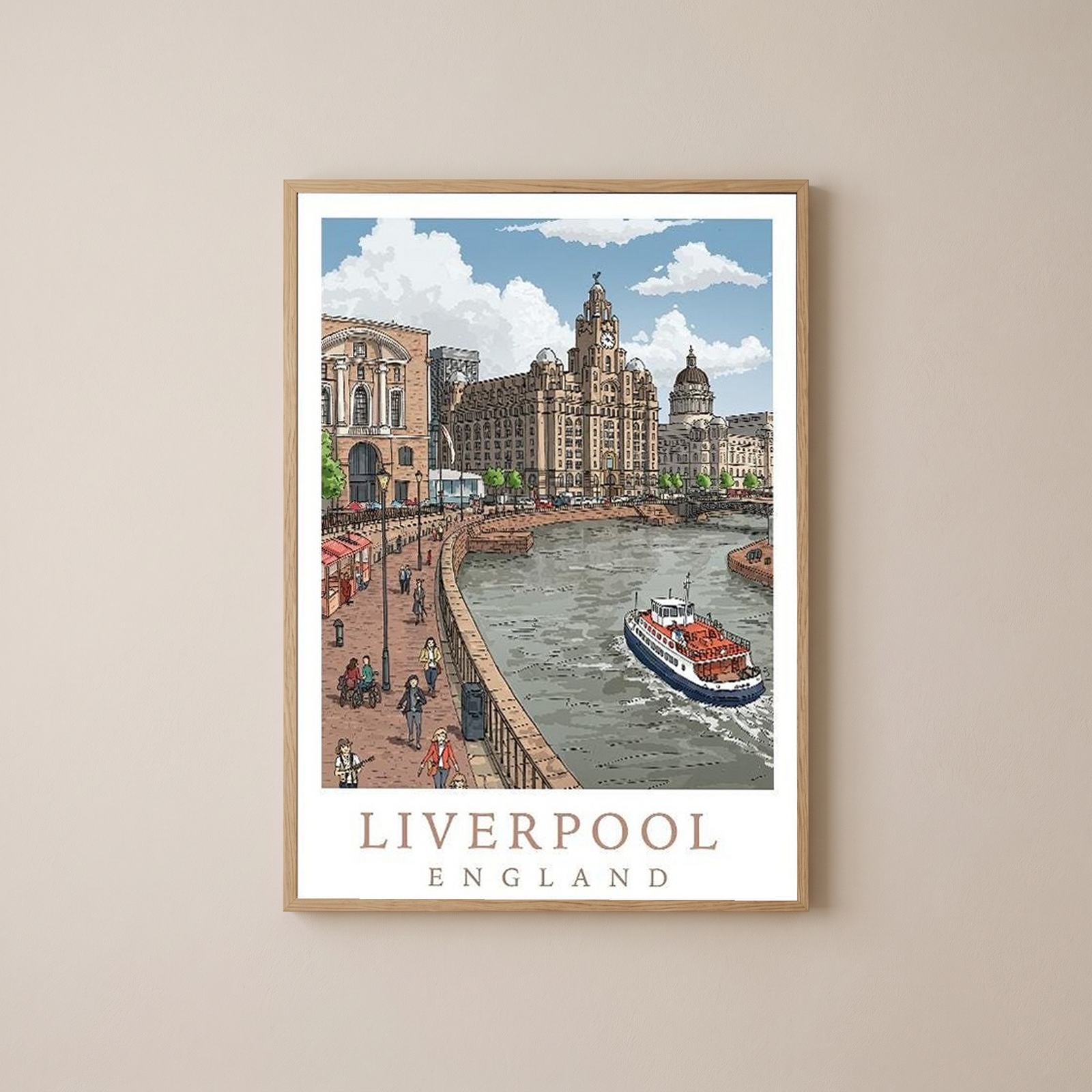 Liverpool England Travel Poster — Pier Head Liver Building Waterfront Print