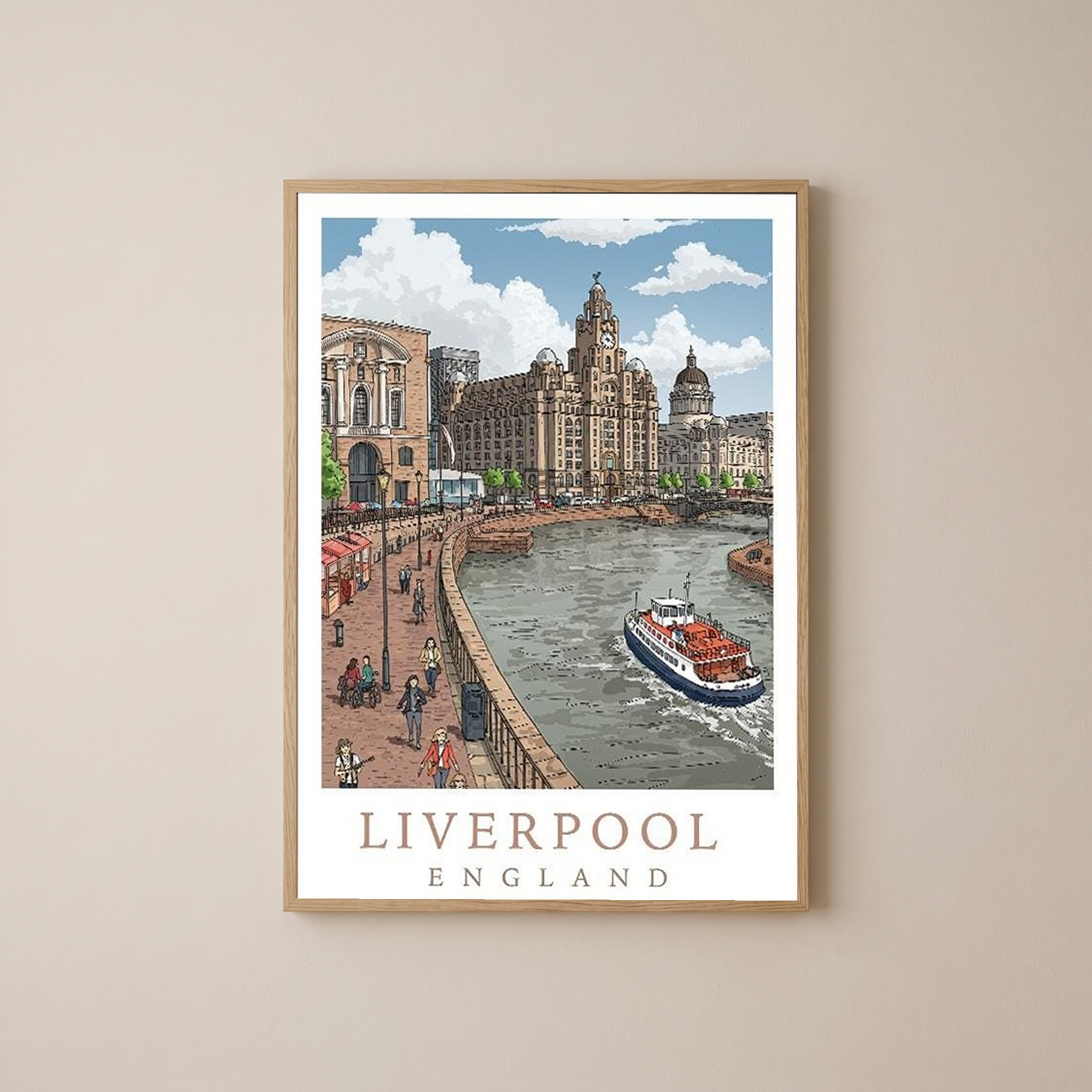 Liverpool England Travel Poster — Pier Head Liver Building Waterfront Print