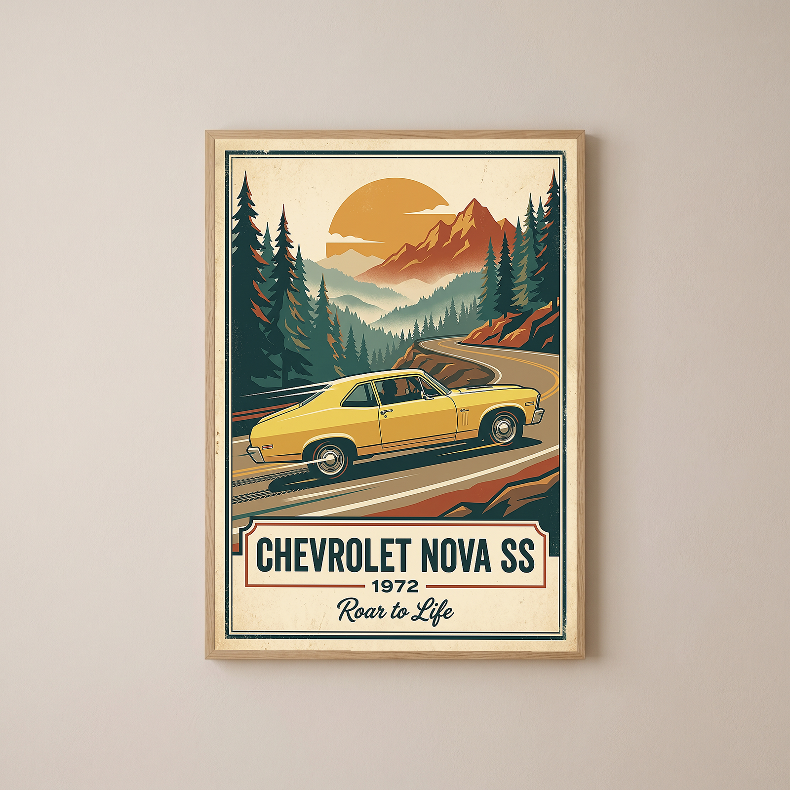 Chevrolet Nova SS 1972 V2 Poster — Vintage Muscle Mountain Pine Winding Road Print