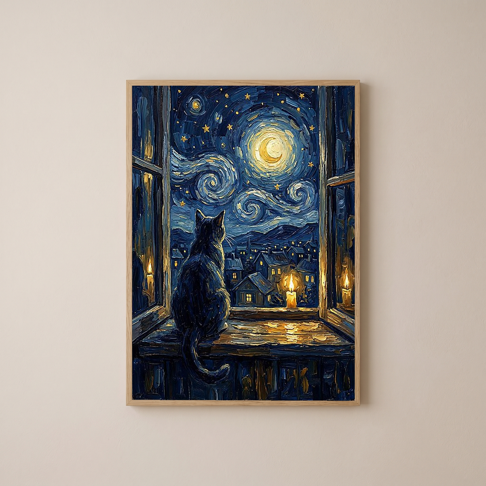 Cat at Candlelit Window Print — Van Gogh Starry Night Village Wall Art