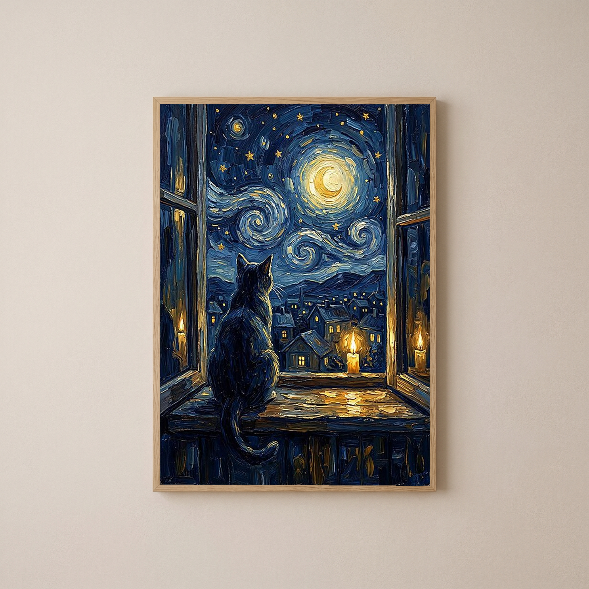 Cat at Candlelit Window Print — Van Gogh Starry Night Village Wall Art