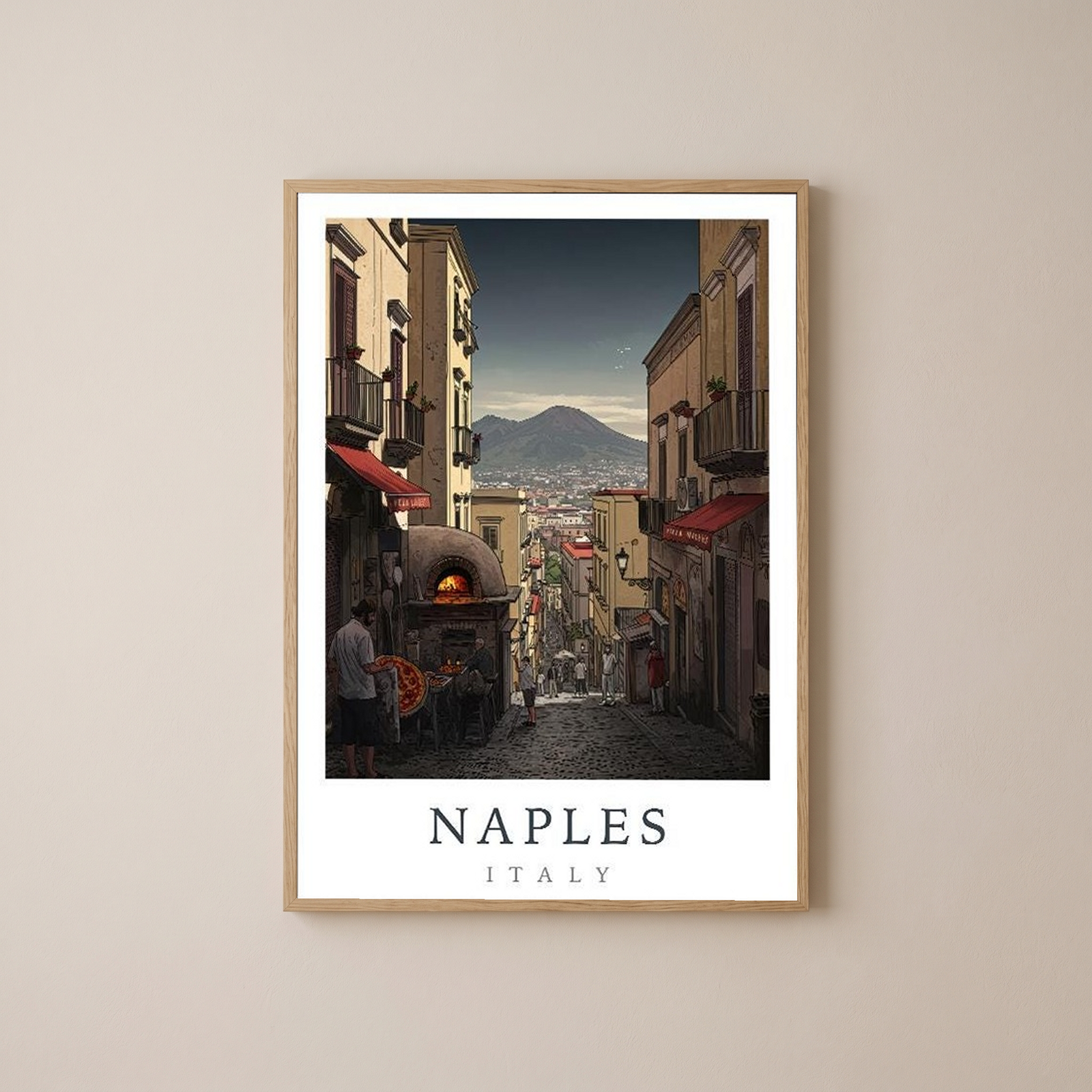 Naples Italy Travel Poster — Vesuvius Pizza Street Scene Print