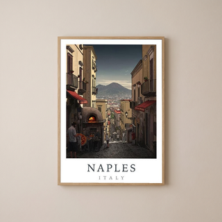 Naples Italy Travel Poster — Vesuvius Pizza Street Scene Print