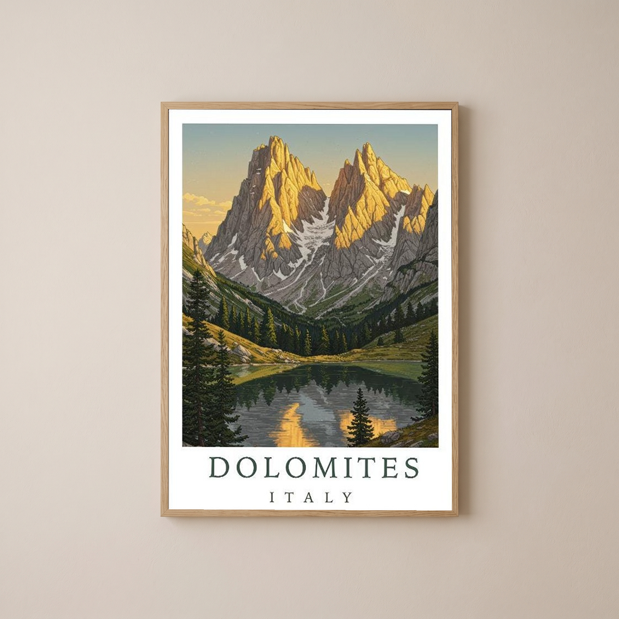 Dolomites Italy Travel Poster — Vintage Alpine Mountain Lake Print