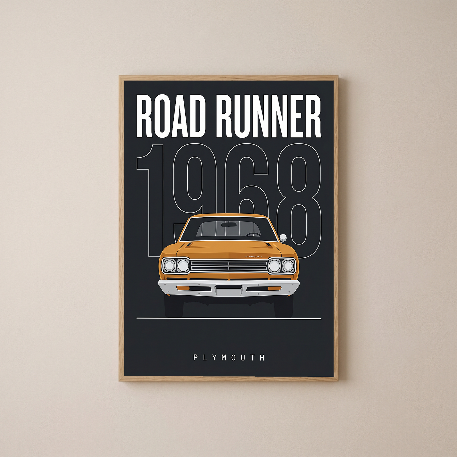 Plymouth Road Runner 1968 Minimalist Poster — Charcoal Muscle Car Line Art