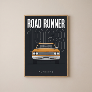 Plymouth Road Runner 1968 Minimalist Poster — Charcoal Muscle Car Line Art
