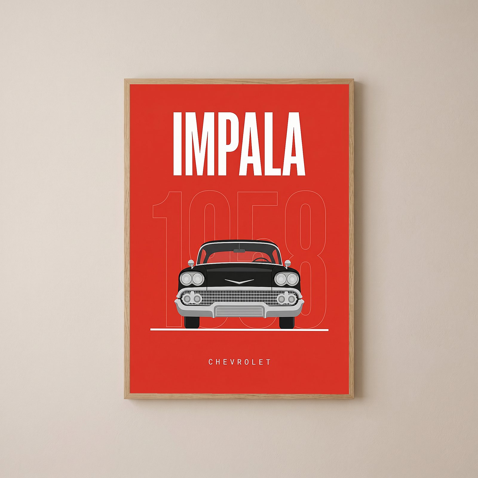 Chevrolet Impala 1958 Minimalist Poster — Red Classic Muscle Line Art