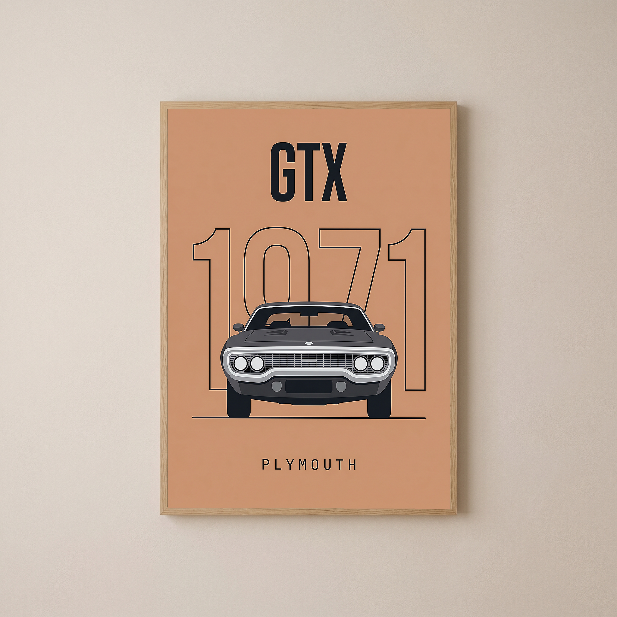 Plymouth GTX 1971 Minimalist Poster — Peach B-Body Muscle Line Art