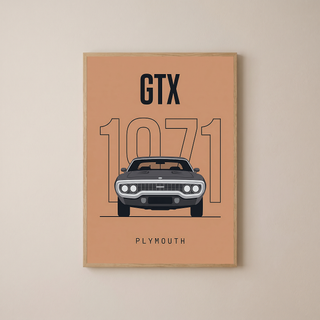 Plymouth GTX 1971 Minimalist Poster — Peach B-Body Muscle Line Art