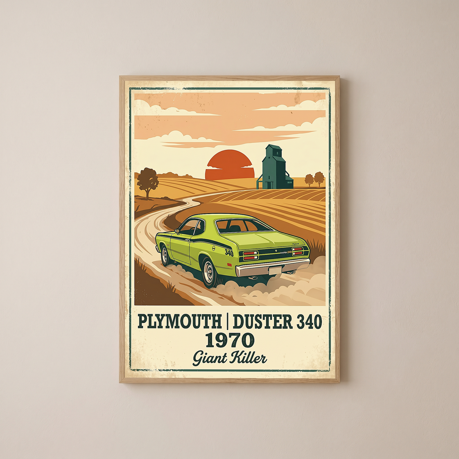 Plymouth Duster 340 1970 Poster — Vintage Muscle Car Country Wheat Print