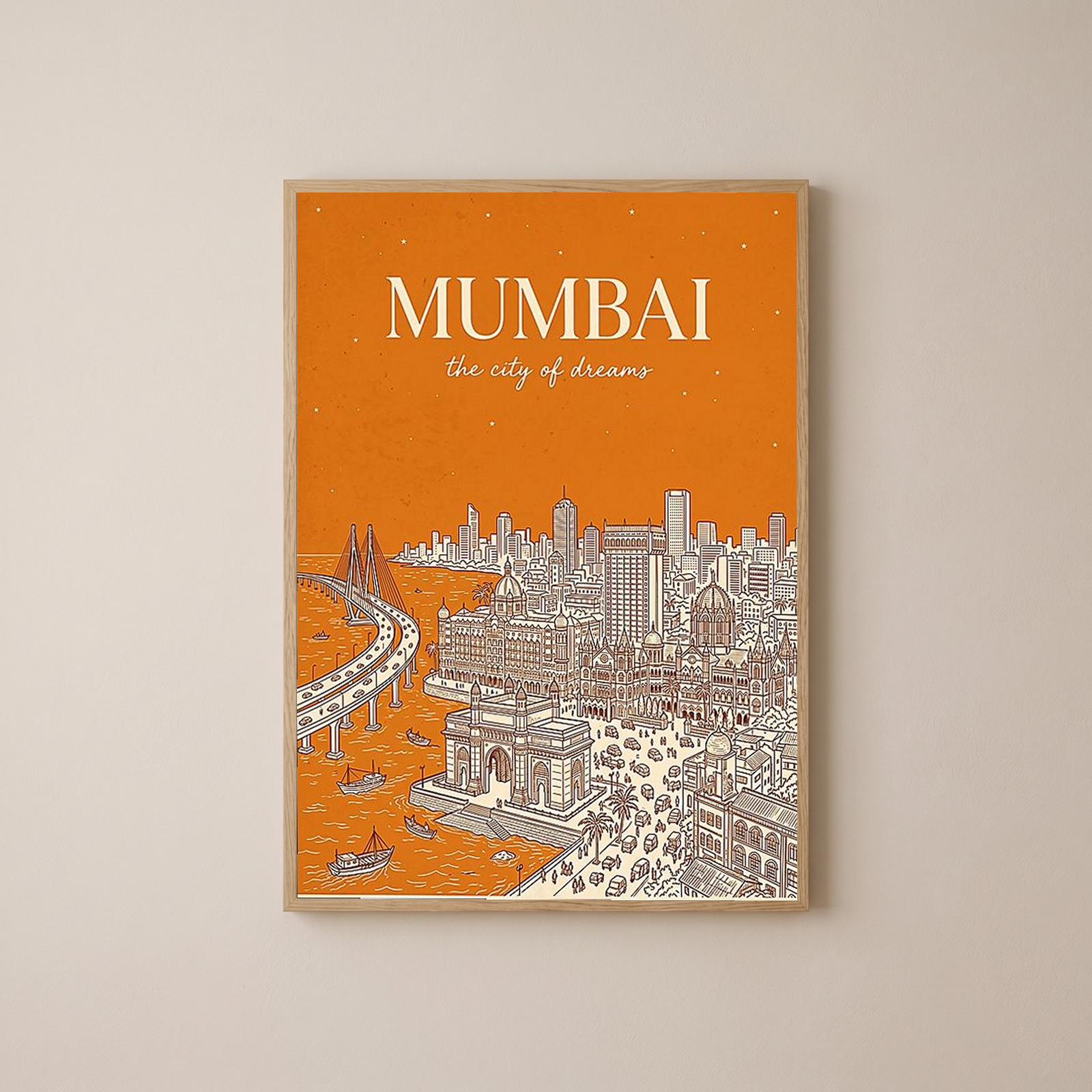 Mumbai Line Art Print — Saffron Gateway of India Marine Drive Skyline Wall Art