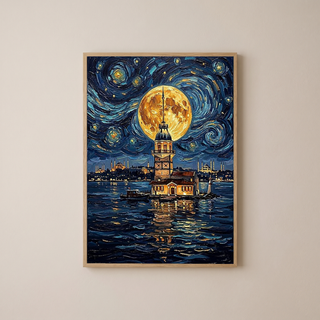 Maiden Tower Istanbul Full Moon Print — Van Gogh-Style Skyline Wall Art