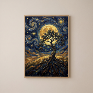 Tree of Life Full Moon Print — Van Gogh-Style Mystical Spiritual Wall Art