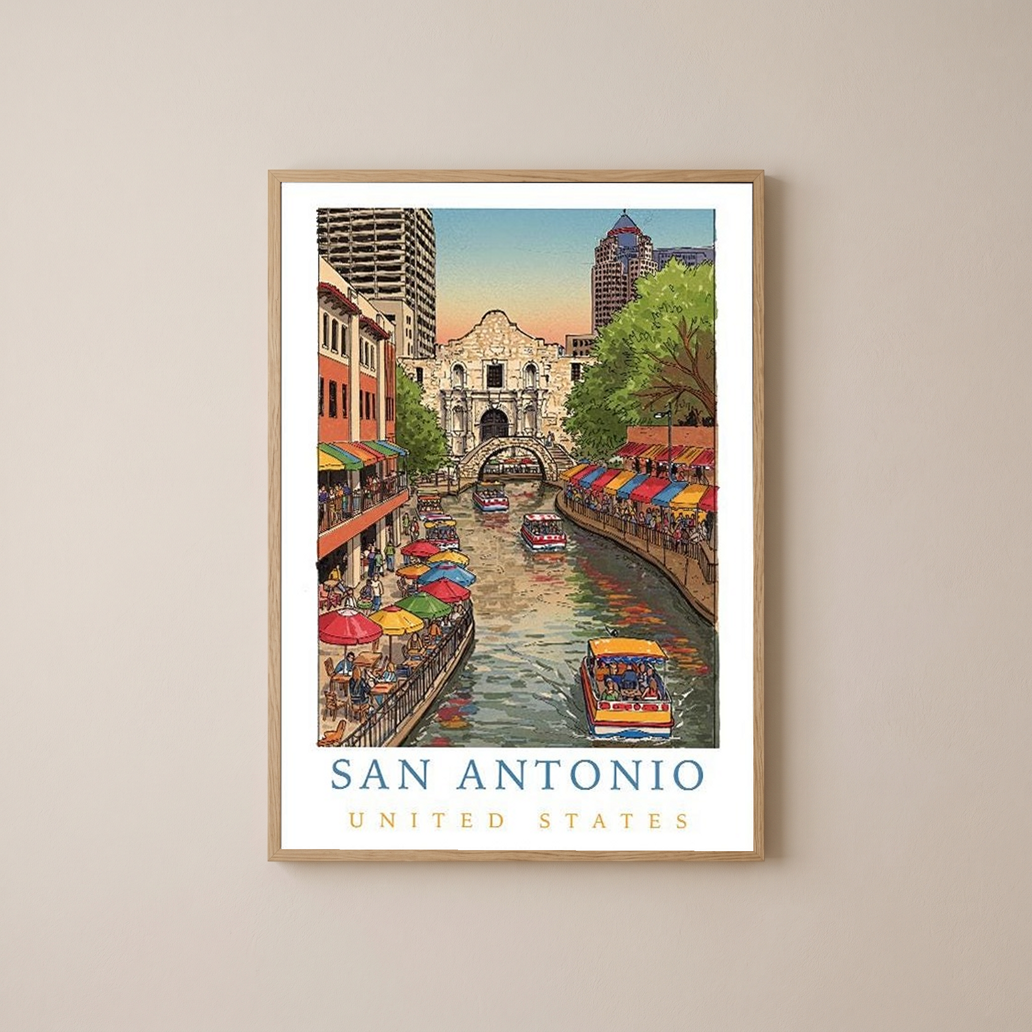 San Antonio Texas Travel Poster — Riverwalk Alamo Cityscape Print