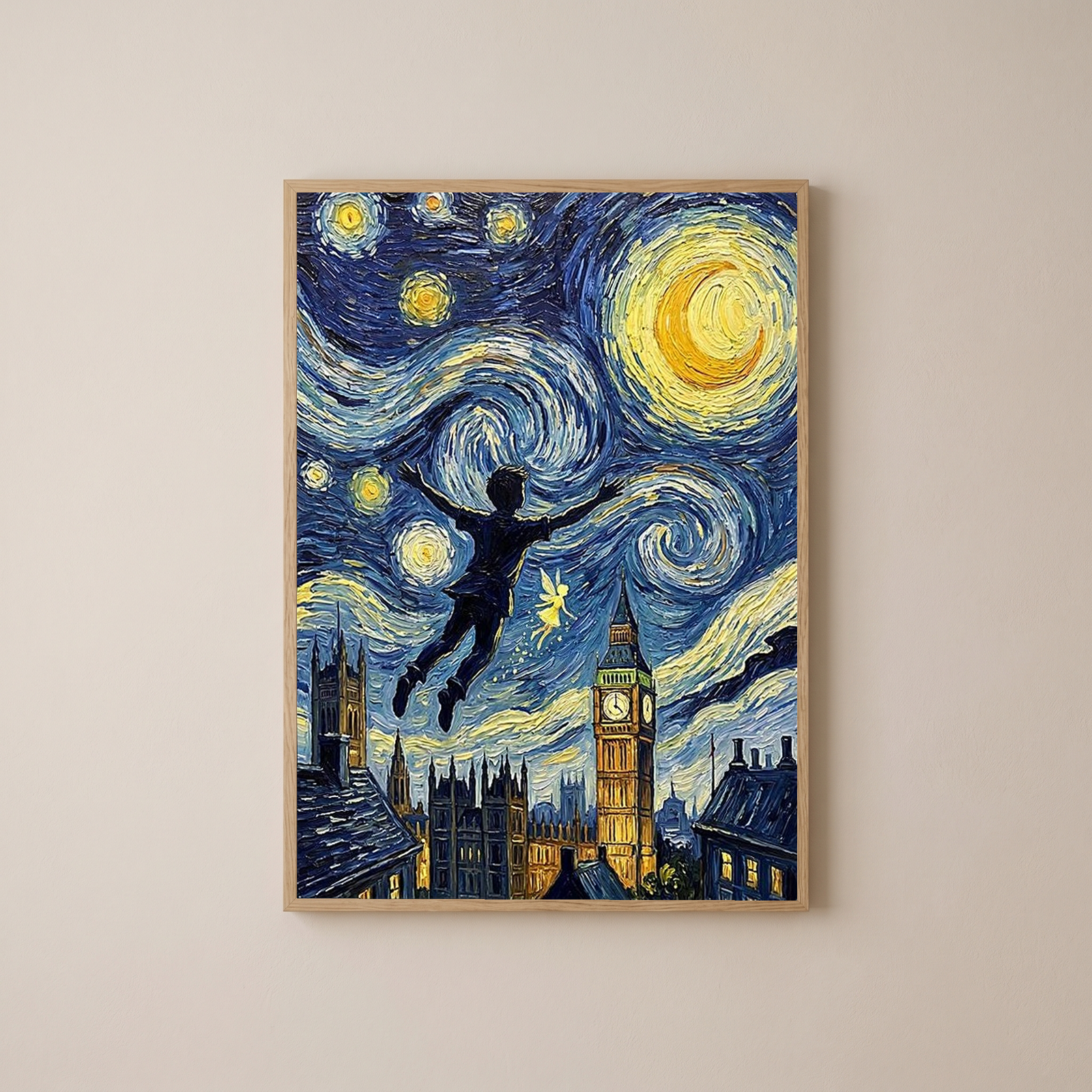 Peter Pan London Starry Night Print — Big Ben Van Gogh-Style Nursery Wall Art